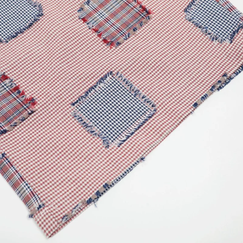 MWJLPWQ Micro Check Wide Leg Short Square Patchwork Plaid Applique Tassel Drawstring Belt High Waist Men Retro Street Pant 17004