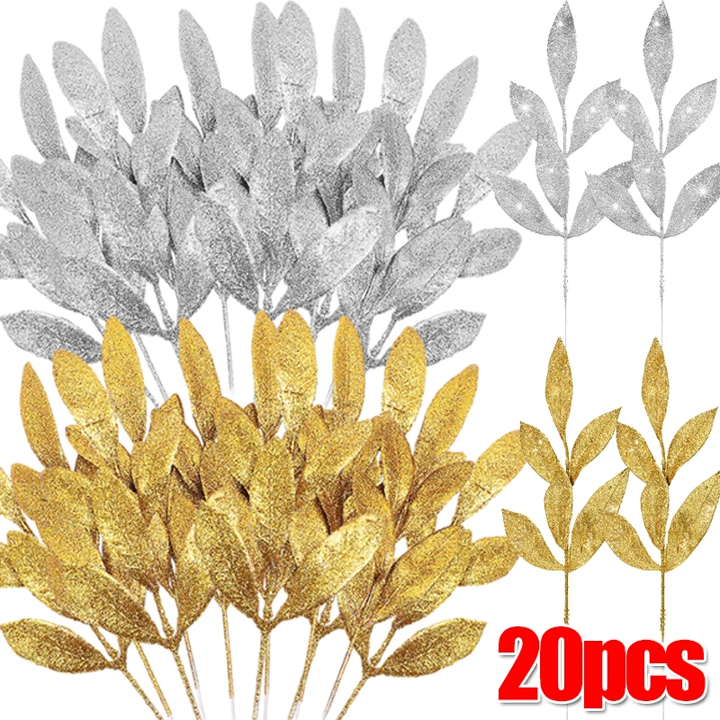 1/20pcs Christmas Artificial Glitter Leaves Fake Plant Leaf Branches Xmas Tree Ornament Wedding Party DIY Home Vase Decoration