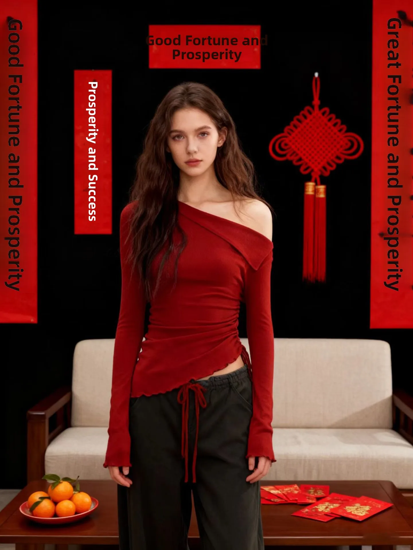 Red Shoulder Bared T Shirt Women's Slim Fit Long Sleeve Cross Year Celebration Fashionable Folded Design Anti Waterproof