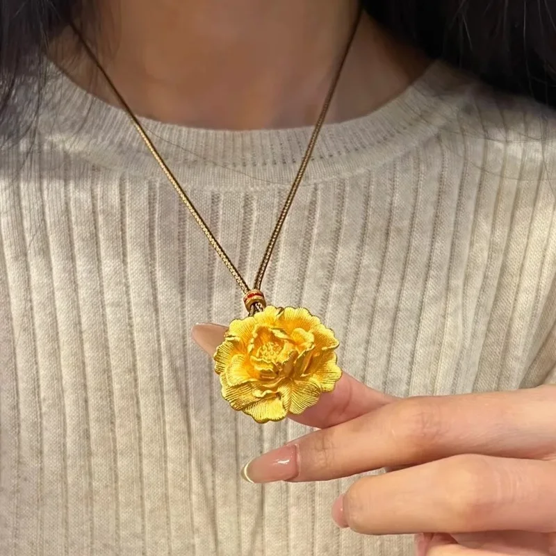 QEENKISS 24KT الذهب خمر زهرة الفاوانيا قلادة المعلقات للنساء حفل زفاف عيد الميلاد عيد الميلاد العروس الأم الهدايا PT5214 #2