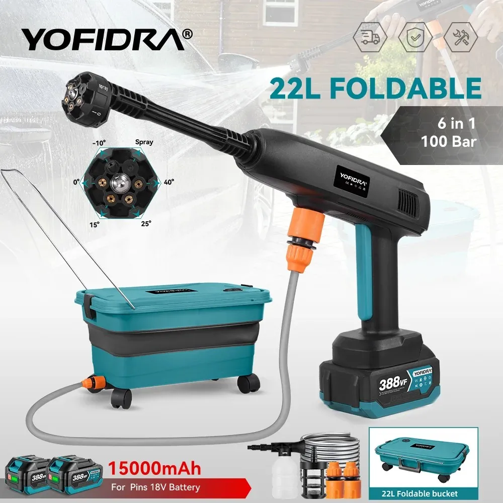 YOFIDRA Pistola per lavatrice per auto ad alta pressione 100Bar + 22L Serbatoio dell'acqua Strumento di pulizia portatile Pistola a spruzzo da giardino per Makita 18V Batteria Pin