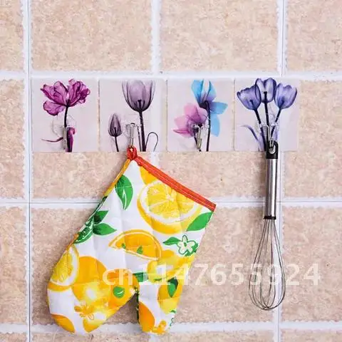 Portable PVC Bathroom Accessories Kitchen Hanger Flower Pattern Clothes Towel Rack Adhesive Hook Wall Sticky Holder 1 PC