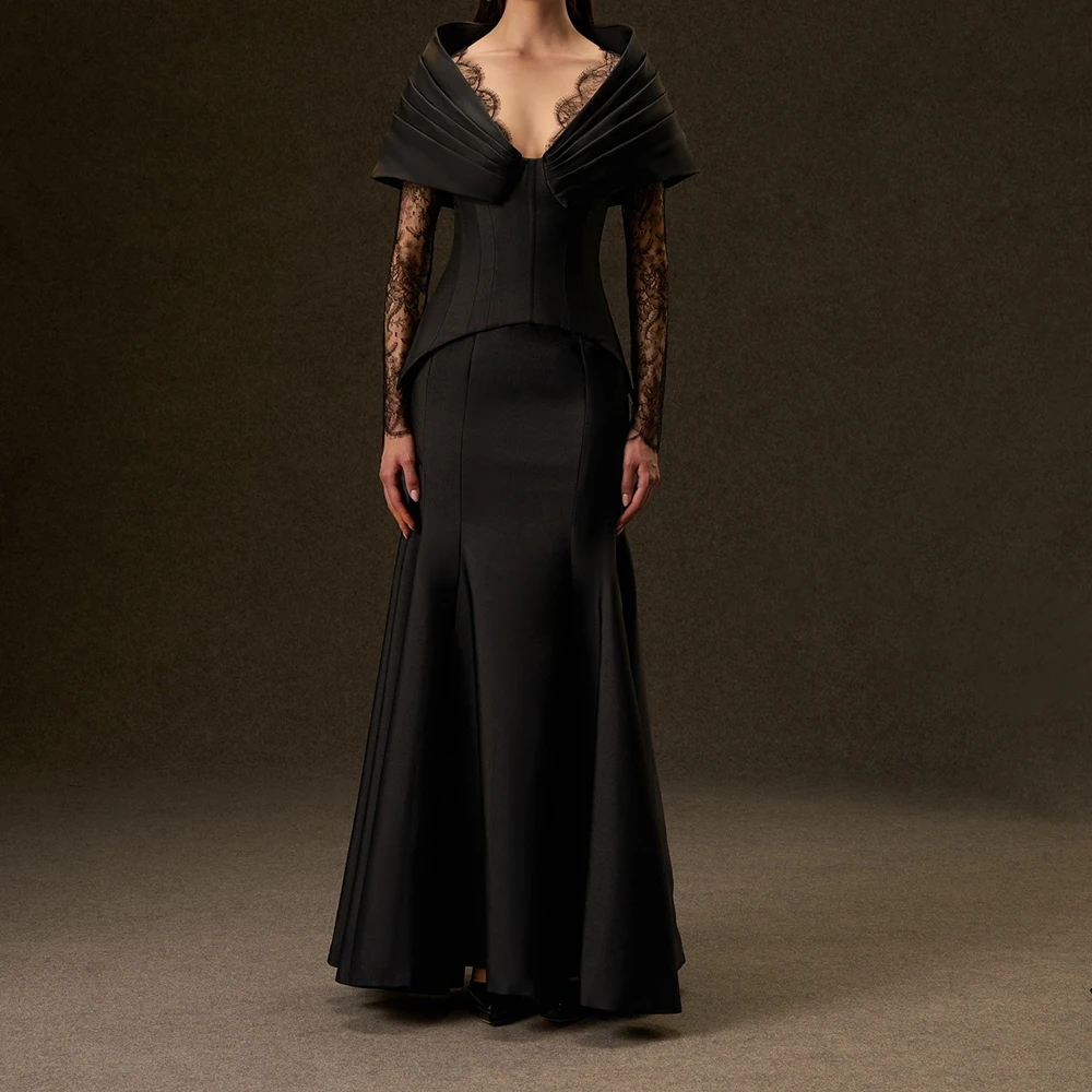 

Customized A-line Evening Dresses Floor-length V-neck Full Sleeve Prom Gown Fashion Lace Pleat Simple Draped Casual Party Gown