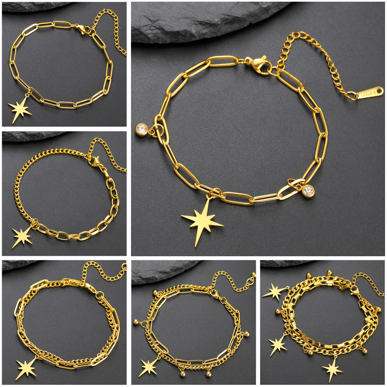 Unift Compass North Star Bracelet with Zirconia Stainless Steel Women Hand Bracelet Unique Paperclip Chain Trendy Jewelry Gift