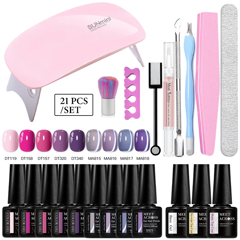 21 pièces ensemble de vernis à ongles Gel rose nu perle de verre chat vernis Gel magnétique avec couche de finition de Base Kits d'outils de manucure à tremper les ongles