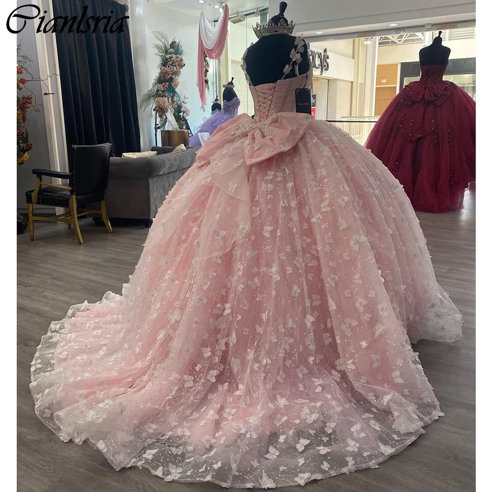 Vestido De quinceañera plisado con cuentas De cristal, vestido De baile, corsé con lazo De encaje De mariposa 3D, rosa, correa De espagueti, 15 Años