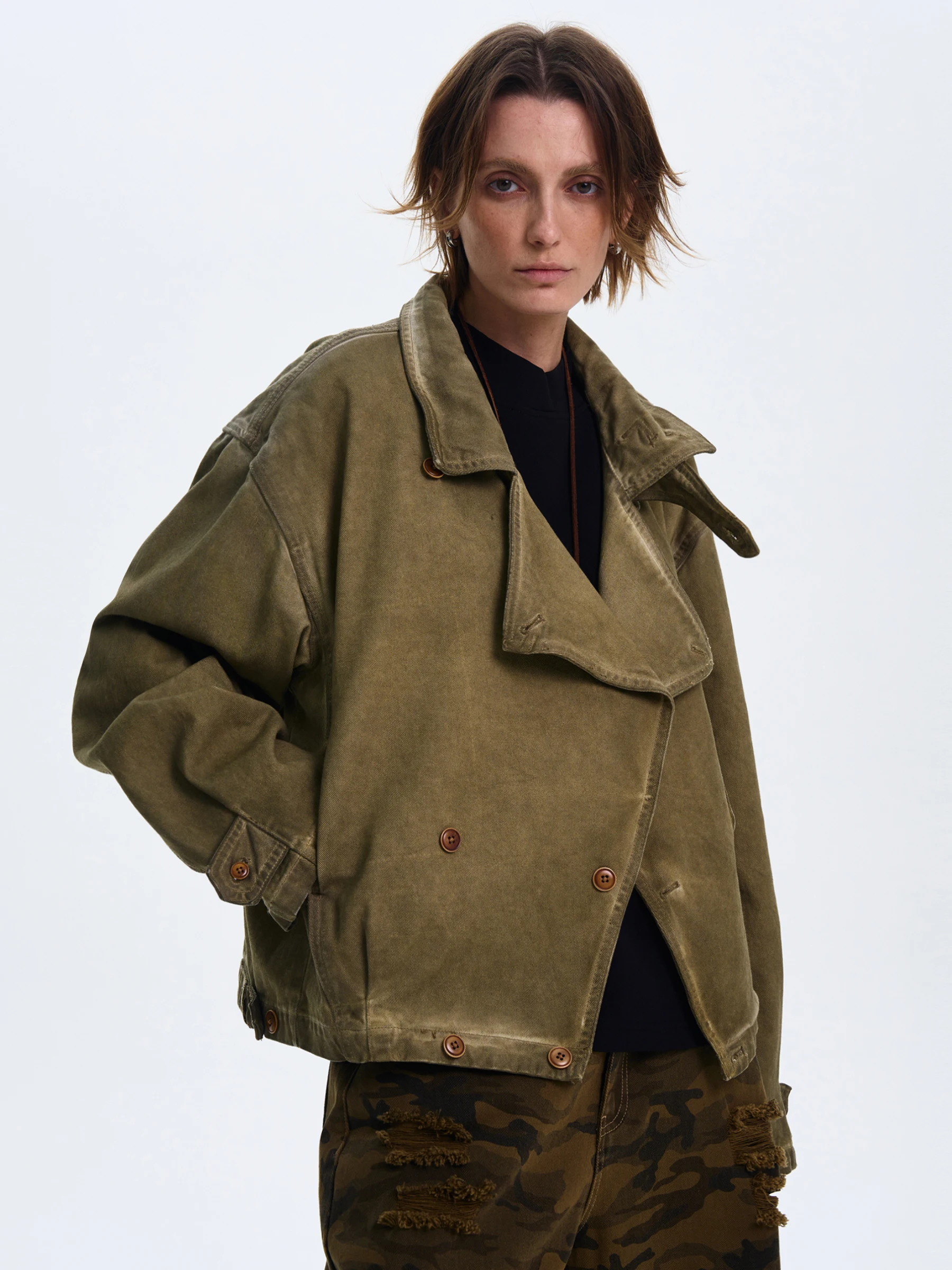 

MADWITCH American Waed Vintage Jaet Men's Loose Casual Outerwear Youth Trend Stand Fit Long Sve ort Length