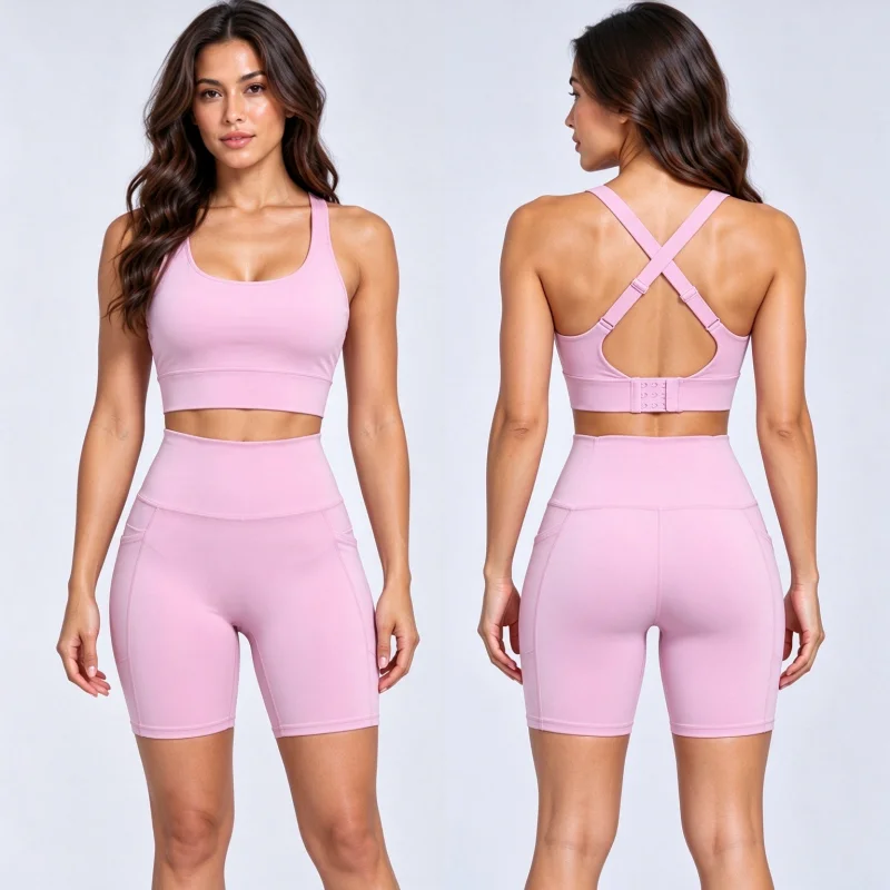 Women Yoga Workout Set High Impact Shockproof Adjustable Cross Back Sports Bra High Waist Side Pocket Fitness Shorts Gym Suit