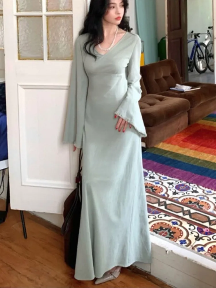 Robe mi-longue élégante pour femmes, couleur unie, col en v, manches évasées, taille fine, nouvelle Robe de soirée, de mariage, de bal, automne