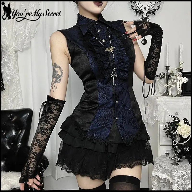 [You're My Secret] Halloween Lace Slim Fit Lolita Top Elegant Black and Blue Sirt Collar Vest Y2k Flower Print Sleeveless Top