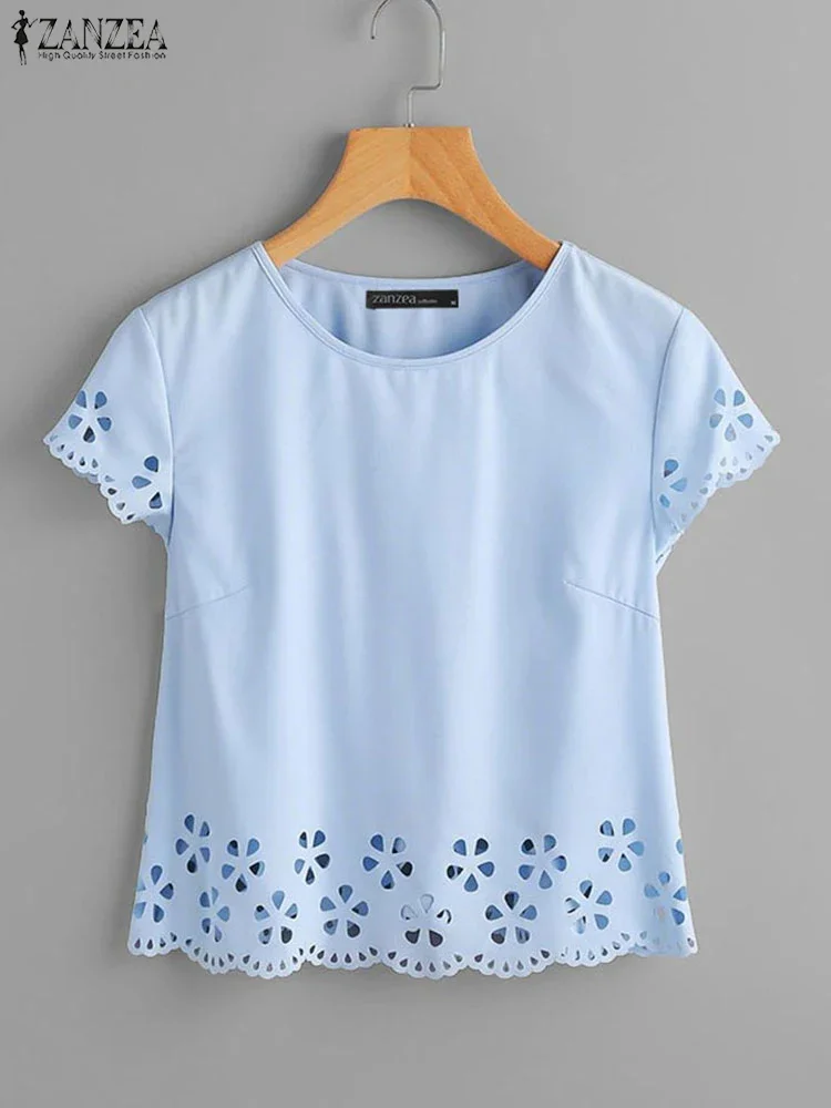 ZANZEA ผู้หญิงฤดูร้อนเสื้อยืดแขนสั้น Hollow OUT Casual Tees เสื้อแฟชั่น O-คอหลวมเสื้อสีทึบเสื้อ OVERSIZE 2025