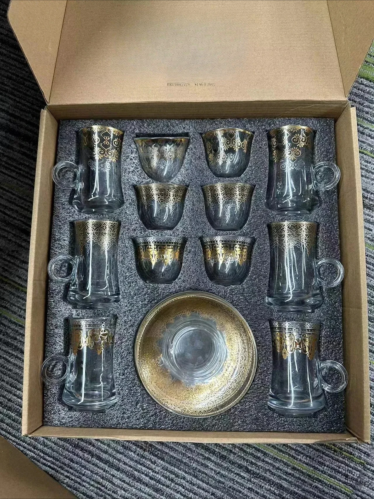 18Pcs Turkish Middle Eastern Glass Coffee Cup Set, Luxury Gold Foil Teacup Saucer Spoon Serving Kit