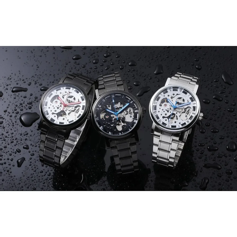 Casual Skeleton Auto Self Wind Mechanical Watch for Men Steel Strap Roman Number Business Mens Watches Top Brand Luxury Clock