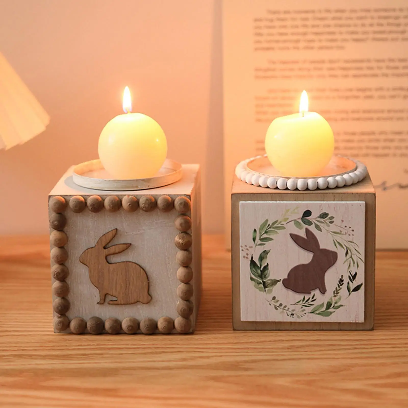 Elegant Wood Rabbit Candle Holder Tealight Cube Candlestick for Easter Table Decor Living Room Office Shelf Piece