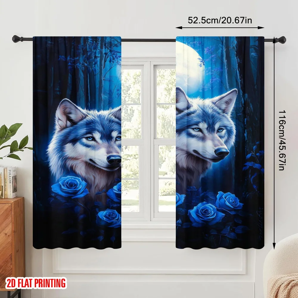2pcs,2D plane printing Curtain Popular Lunar Wolves Blossom Durable Polyester (without rod) Gifts for Bedroom, Kitchen, Office &