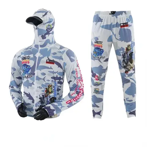 Summer New Camouflage Sea Fishing Clothes Sunscreen Clothes Men's Ice Silk Outdoor Night Fishing Jerseys and Pants 2pcs Set