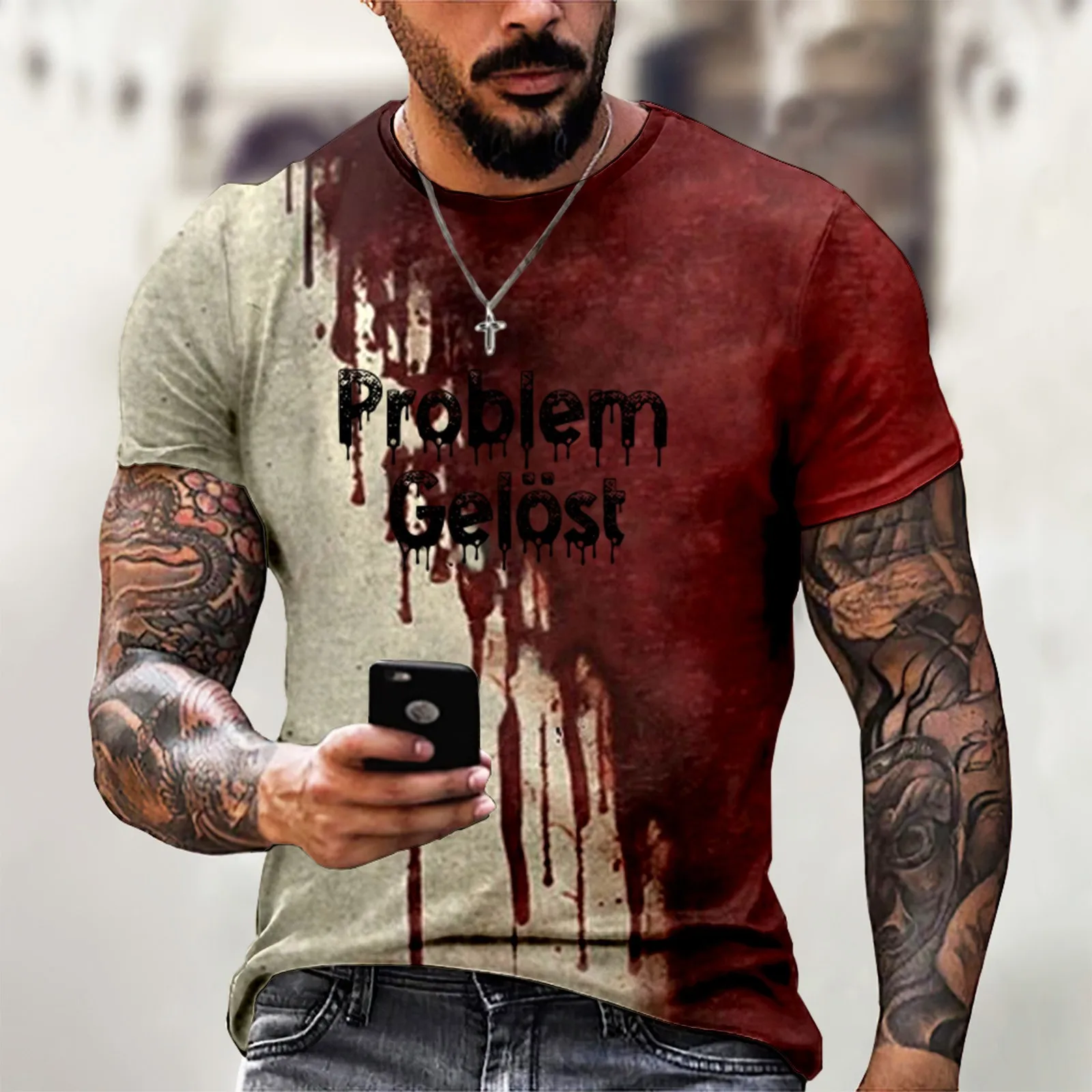 Halloween I'm Fine Bloody T-shirt Problem Graphic Shirts V-Neck Short Sleeve Streetwear Men Funny Tee