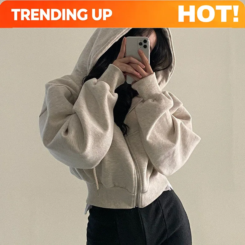 Korean Hood Shirt Women Fashion Fleece Lined Loose Hoodies Zipper Long Sleeve Crop Tops Harajuku Female Jackets Coats Sweatshirt