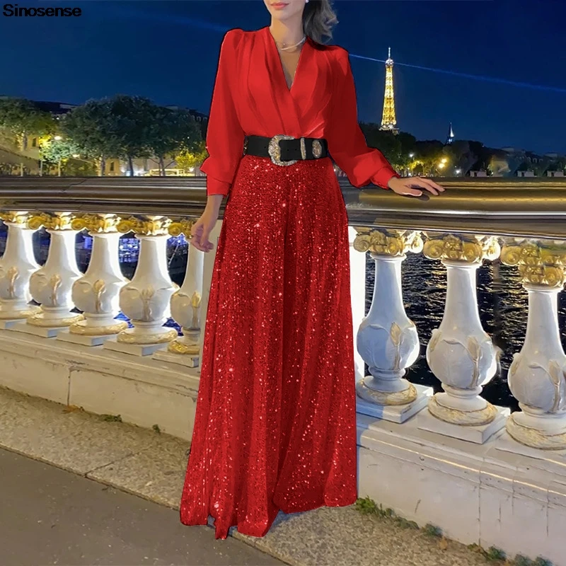 Cekinowy kombinezon damski Sexy V Neck Long Sleeve Onesie Loose Wide Leg Pants Elegant Wedding Cocktail Evening Party Rompers