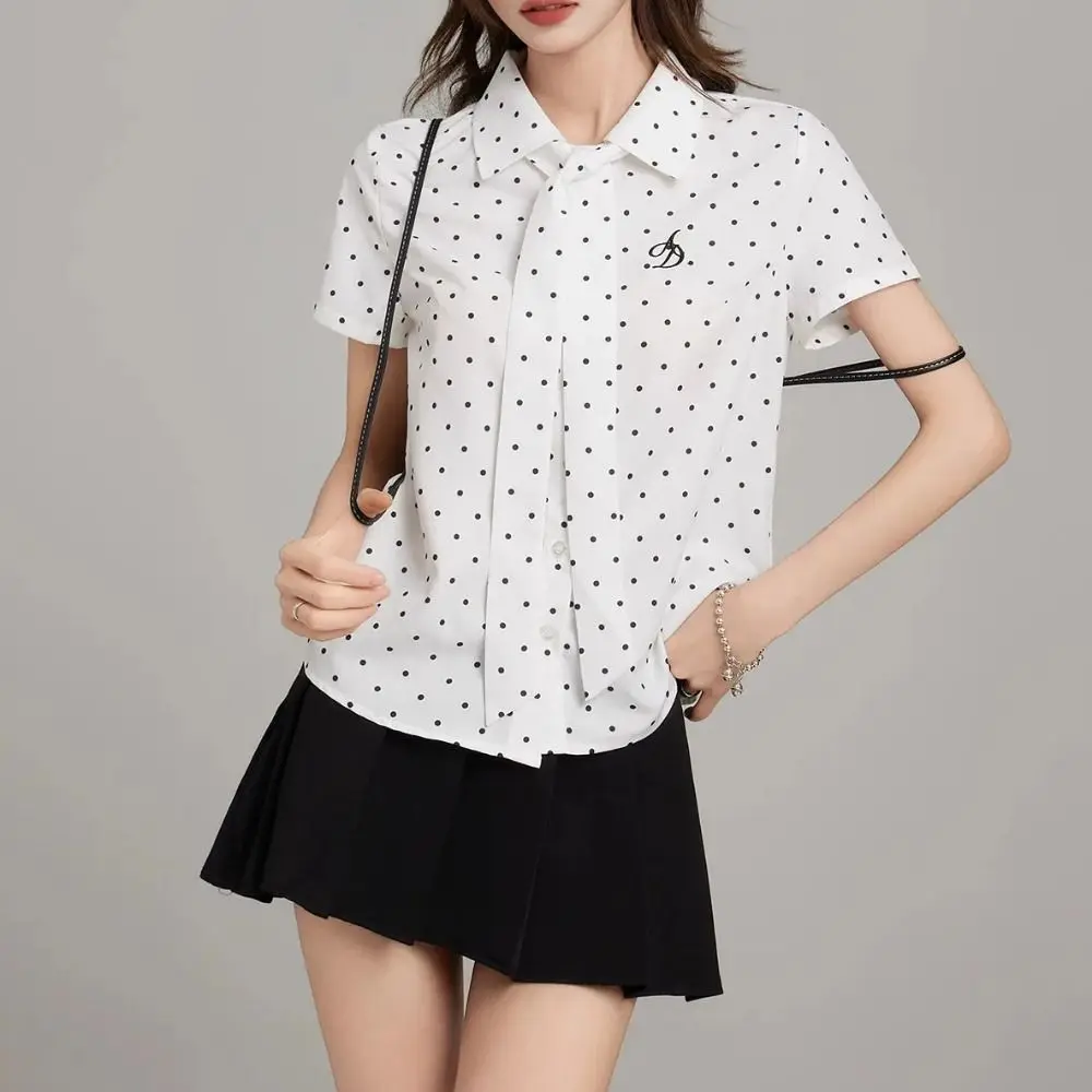 

Simple Short Polka Dot Shirt Korean Style Streetwear Women Polka Dot Blouse Half Circle Design Ruffle Long Sleeve Tops Women