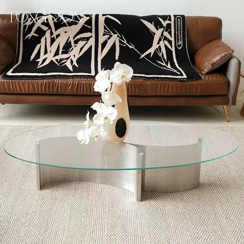 Living room ultra-white glass oval minimalist coffee table stainless steel modern Italian medieval coffee table