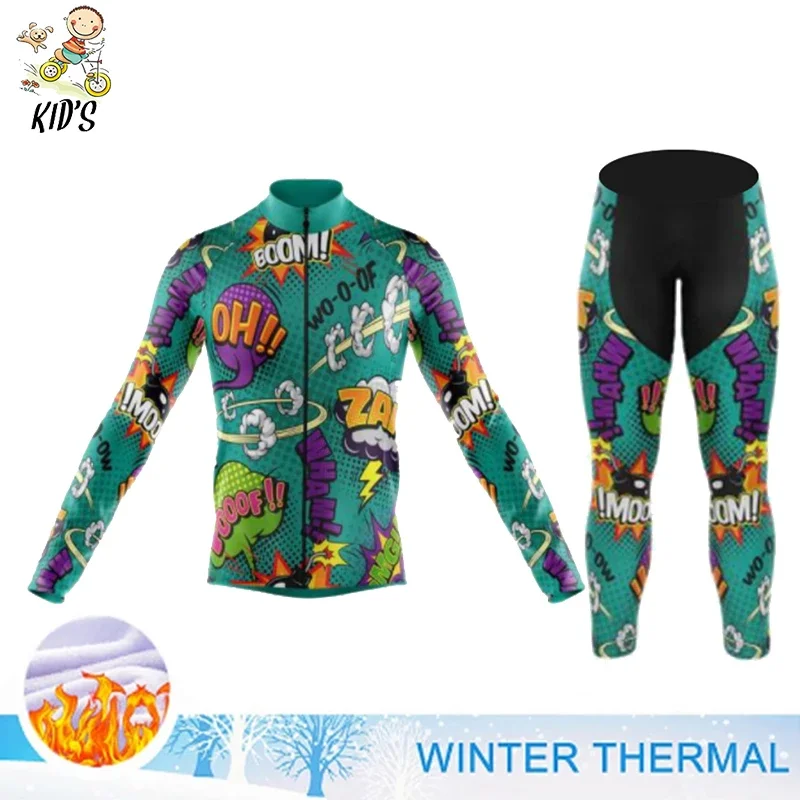 2022 Kids Cartoon Cycling Jersey Set Winter Thermal Fleece Boys Girls Bike Clothing Road Bike Suit MTB Children Maillot Ciclismo