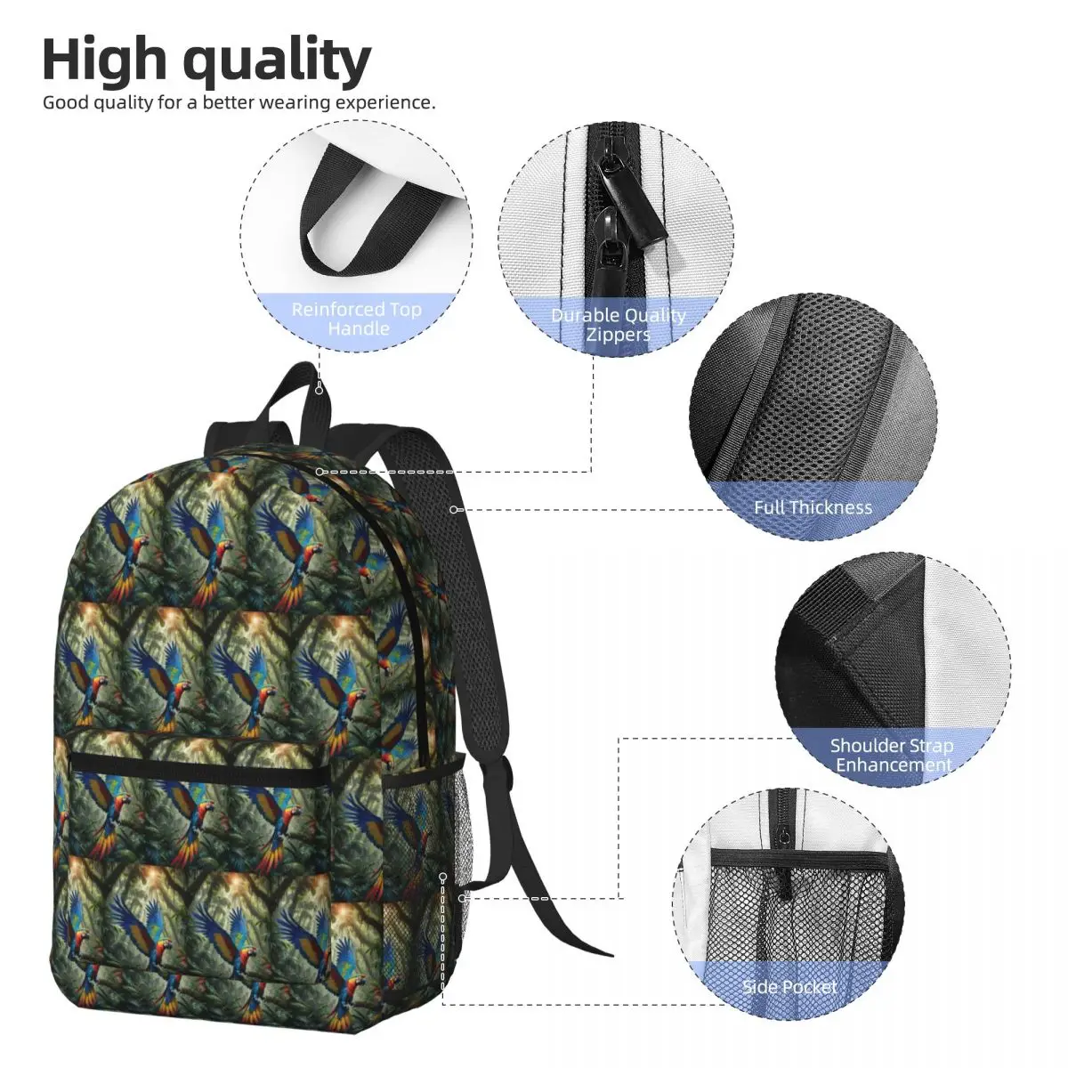 Cute Macaw Parrots Backpack Daypack Large Capacity Kids BookBag School Bag Shoulder Bags for Men Women