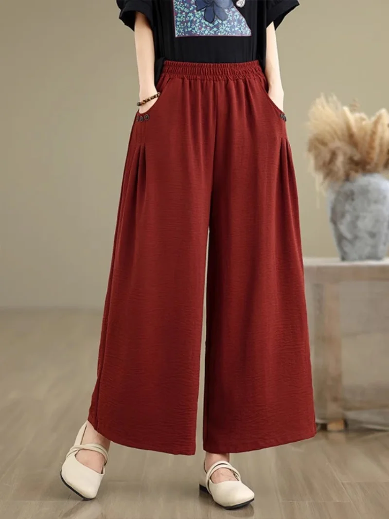 Черные широкие брюки большого размера с эластичной резинкой на талии для женщин, лето 2025, новые свободные универсальные прямые повседневные брюки W288