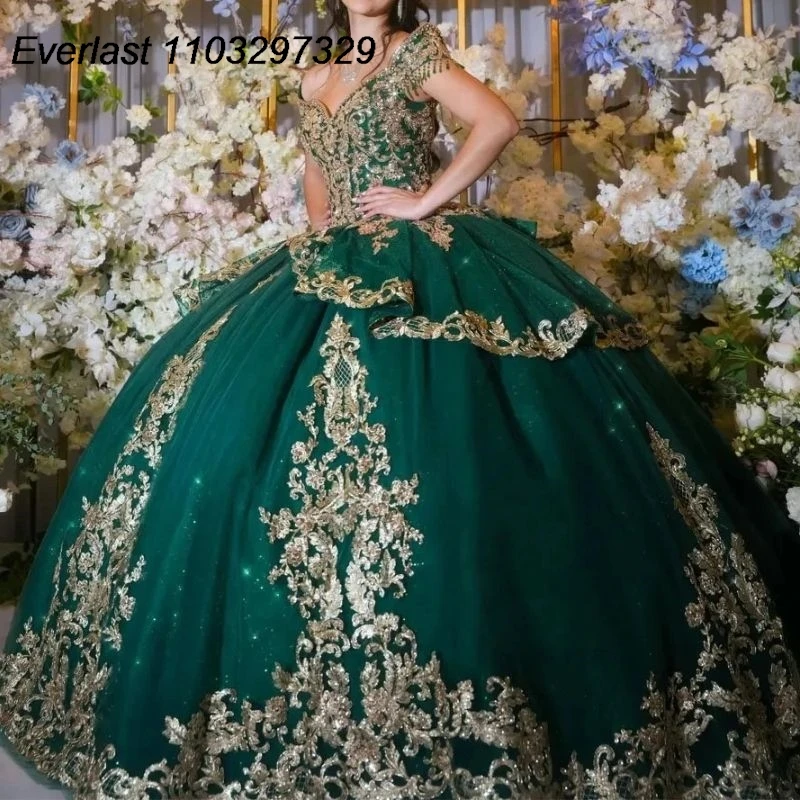 EVLAST Customized Green Quinceanera Dress Ball Gown Gold Lace Applique Beading Corset Sweet 16 Vestidos De XV 15 Anos TQD661