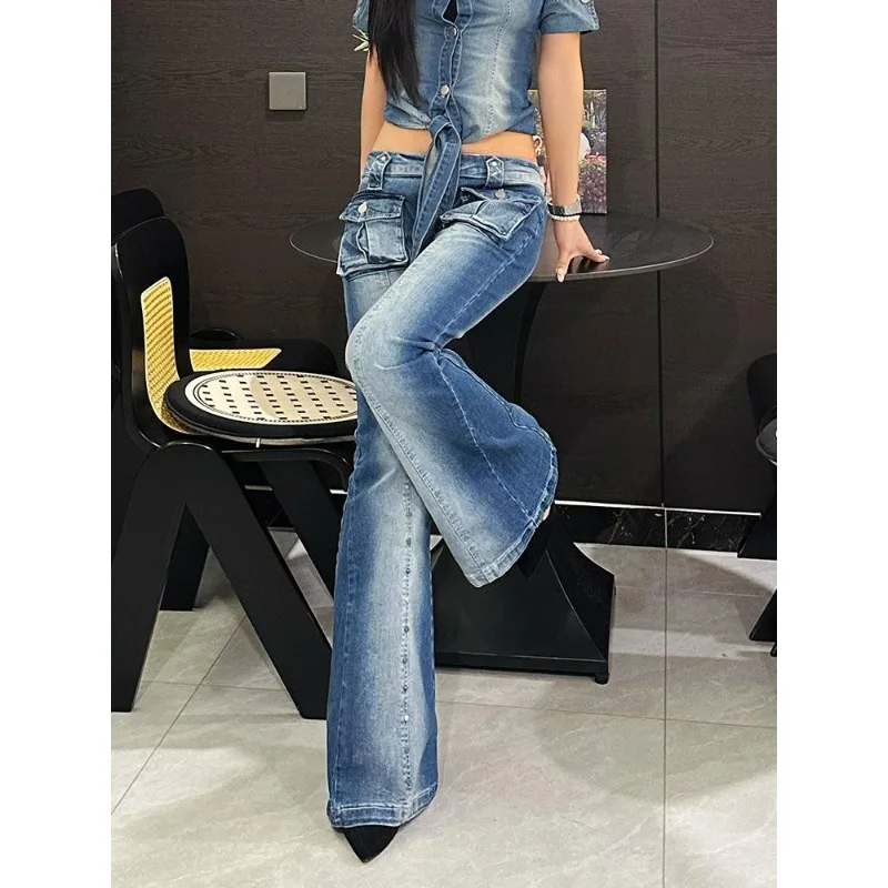American Retro Y2k Millennial Spice Girls Low-rise Jeans Children's Summer Design Three-dimensional Pocket Micropull Floor Pants