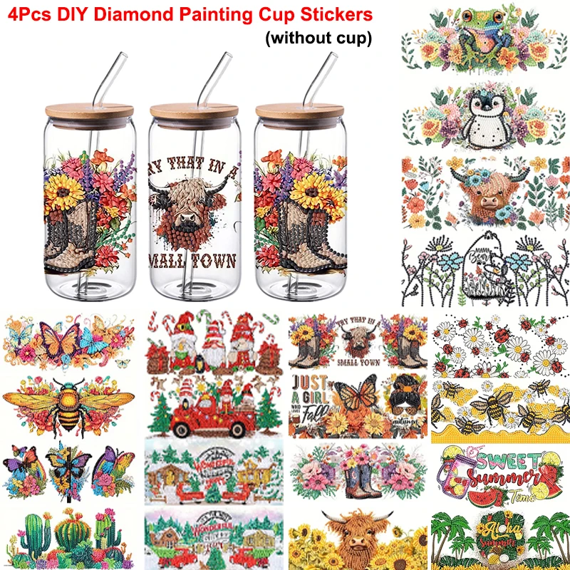 4Pcs DIY Diamond Painting Cup Stickers Cartoon Animal Diamond Art Mosaic Cup Decoration Sticker Kits Christmas Decor Crafts Gift