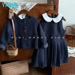 Baby's Winter Set Solid Color Doll Neck Pleated Dress+Long Sleeve Cardigan Two Piece Set for Girls' Warm Fashion Set 2023