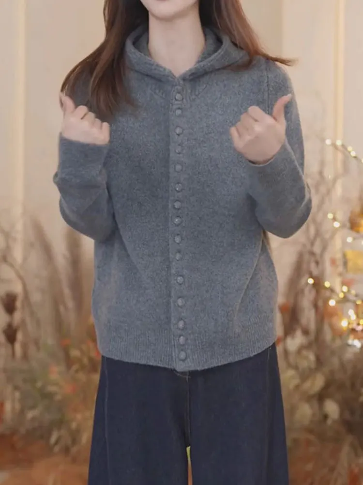 

Корейский однотонный вязаный кардиган с капюшоном Long Sve, женский топ Agel Chic Faion Design, повседневная женская верхняя одежда