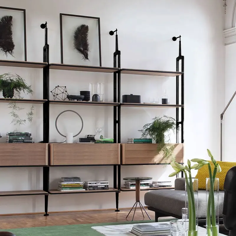

Solid wood living room bookshelf wall-mounted household shelf wrought iron bookcase frame multi-layer bedroom storage rack floor