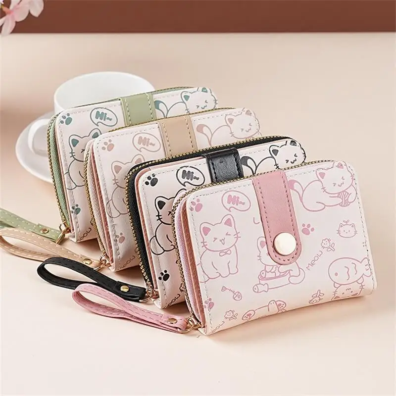 Japonês bonito gato meninas carteira curto estudante id titular do cartão de banco saco de dinheiro carteiras com zíper para mulheres bolsa de armazenamento de chave bolsa de moedas