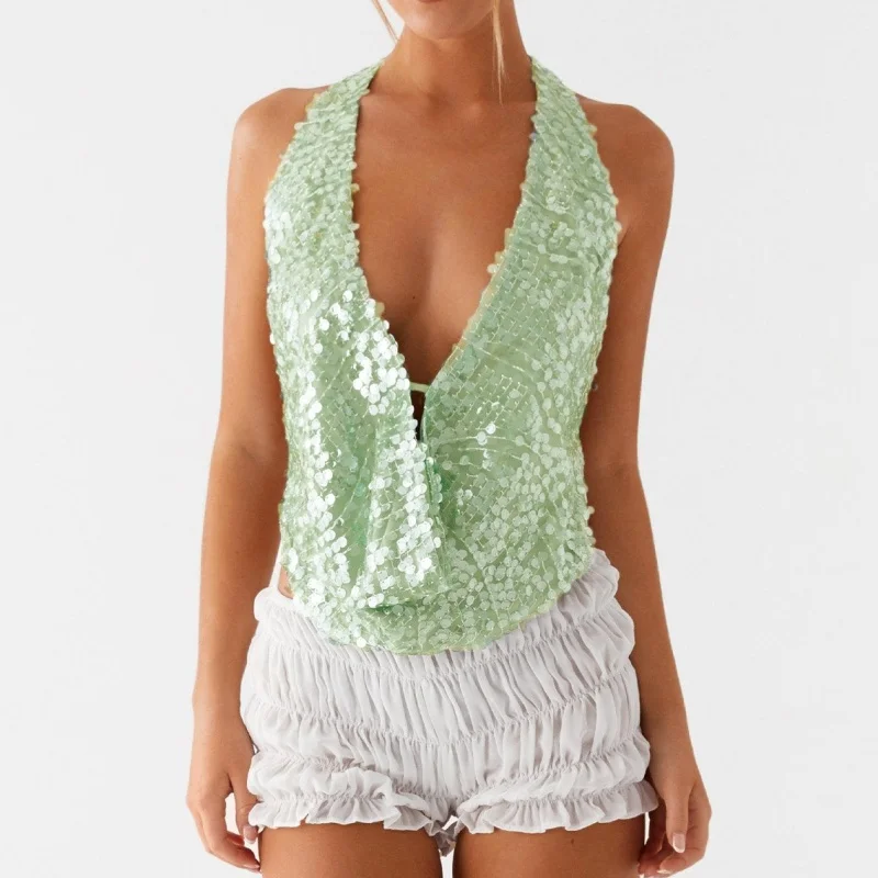 Women New Fashion Sequin Halter Tops Fashion Lace Up Sleeveless Backless Slim Fit Cropped Top Female 2025 Summer Beach Wear