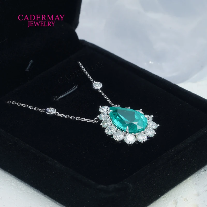 Luxury 925 Silver 11x16mm Pear Shape Synthetic Paraiba YAG Mixed Moissanite Halo Pendant Necklace For Women Anniversary Gift