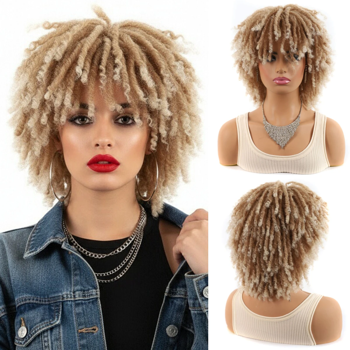 

Женский синтетический африканский маленький вьющийся полный блондин парик с эффектом омбре в африканском стиле, полые локоны, искусственный локоны, полный парик, разноцветный