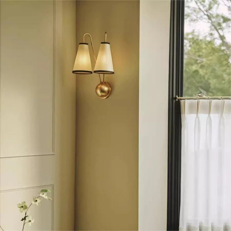 American Art 2-Arm Copper Wall Lamp Cloth Shade Bedroom Living Room Corridor Villa Apartment Interior Wall Decoration LED Score