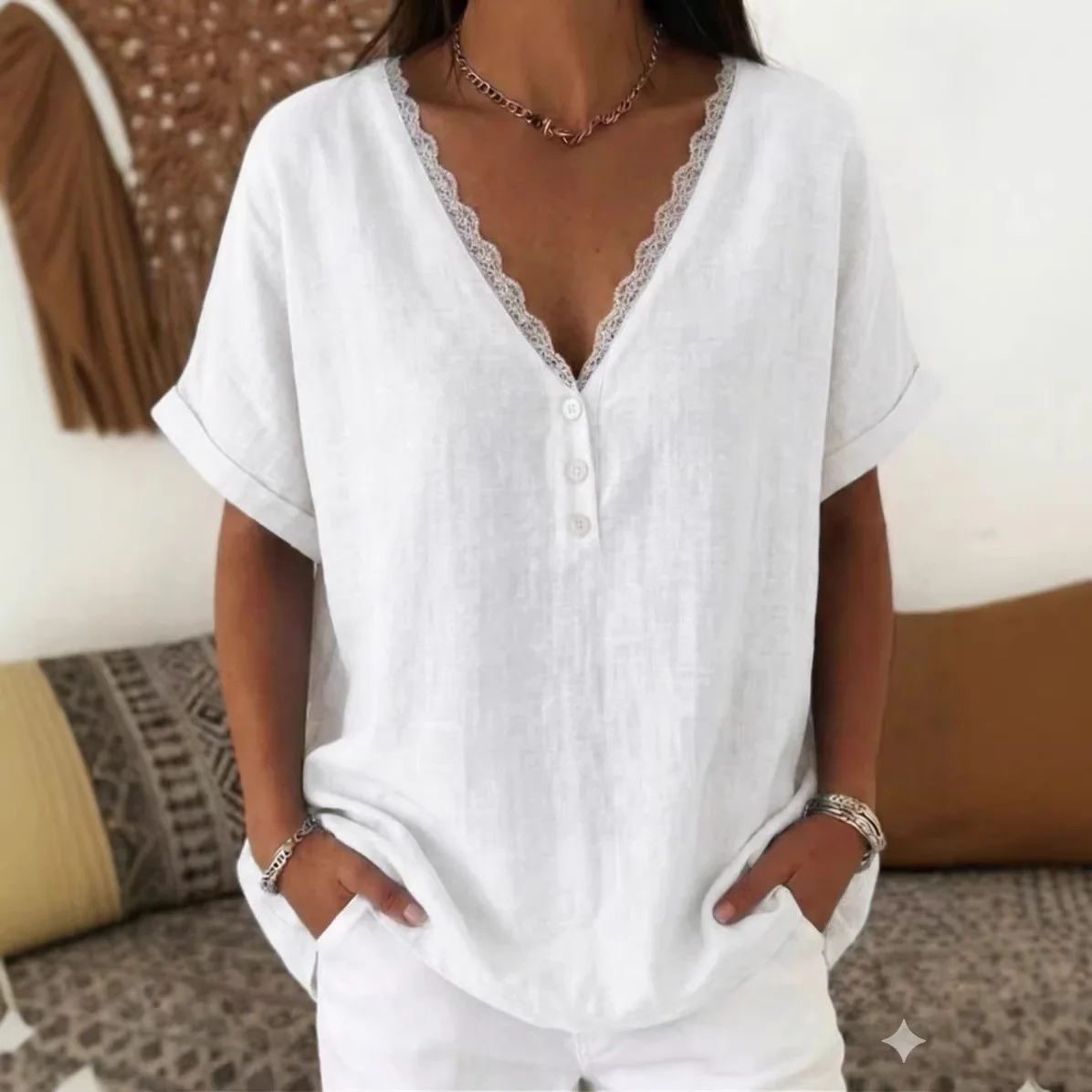 Tops Mujer Button Solid Color Lace Patchwork Short Sleeved Loose Top For Women Summer New Versatile Casual Commuting Elegant Top