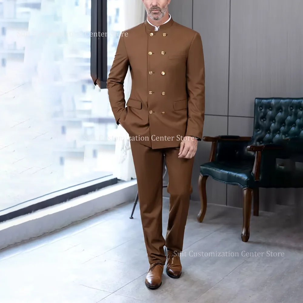 

New Style Suits For Men Set 2 Pieces Fashion Double Breasted Stand-Up Collar Office Work Formal Party Tailor-Made Jacket Pants
