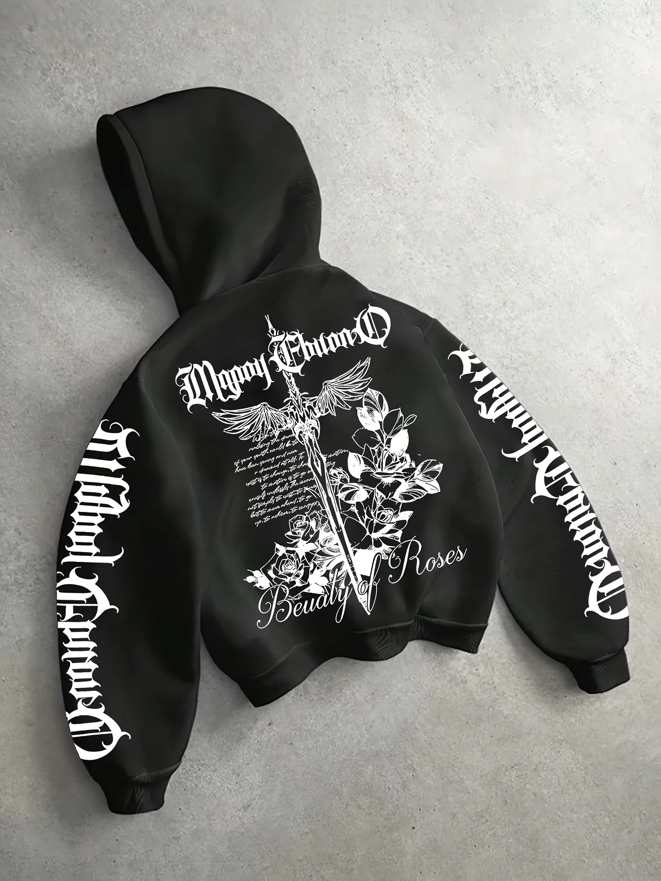 Herren Oversized Hoodie Gothic Schwert Rose Flügel Schriftzug Vintage Dark Streetwear Pullover Oberteil Herbst Winter Fleece – Detail 2
