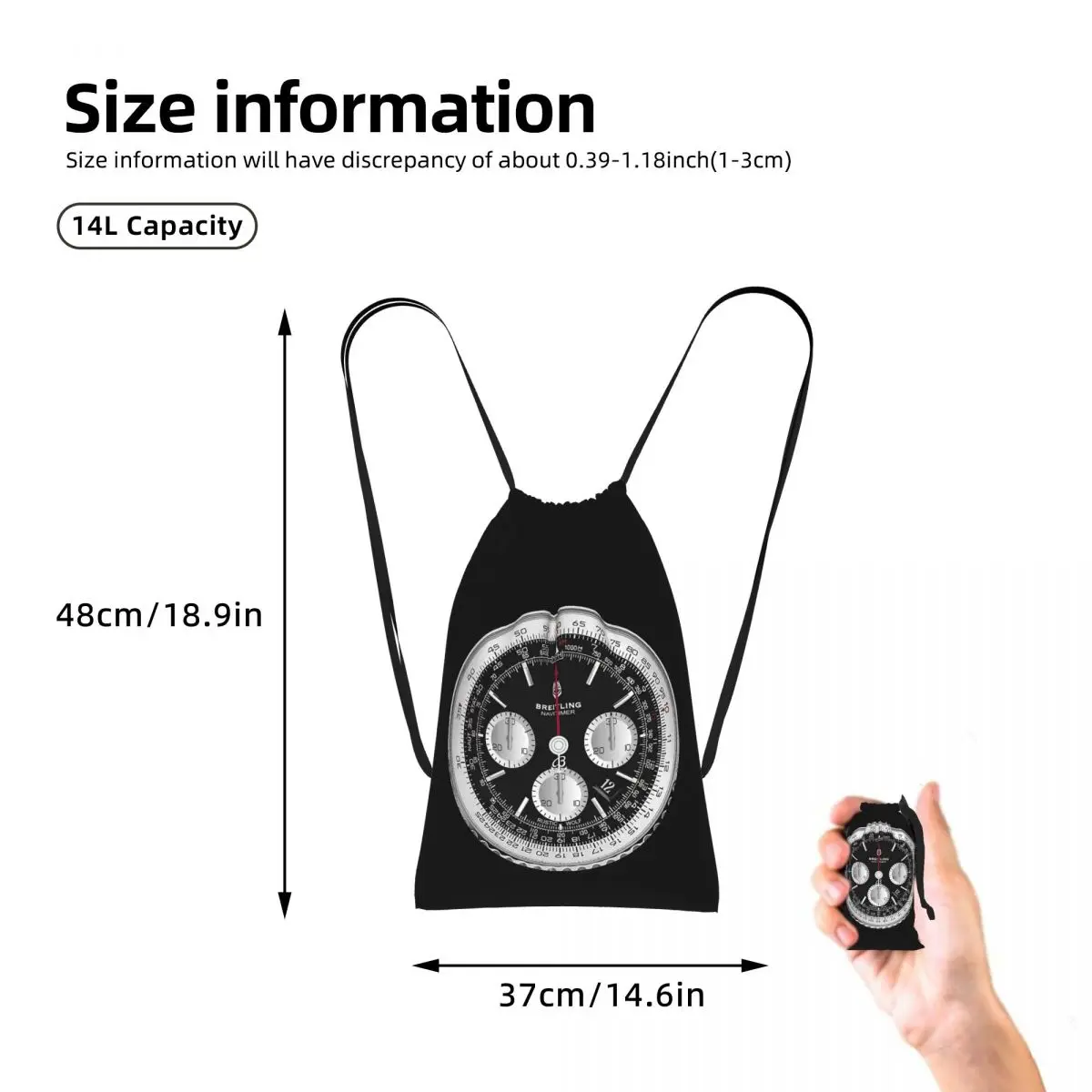 Black Luxury Watch Face Drawstring Backpack hiking cycling Bag Lightweight Foldable Storage Drawstring Bag for Men Women