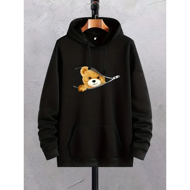 Cute Bear Print Hoodies For Men Hoodie Comfy Loose Trendy Drawstring Hooded Pullover, Mens Clothing For Autumn Winter