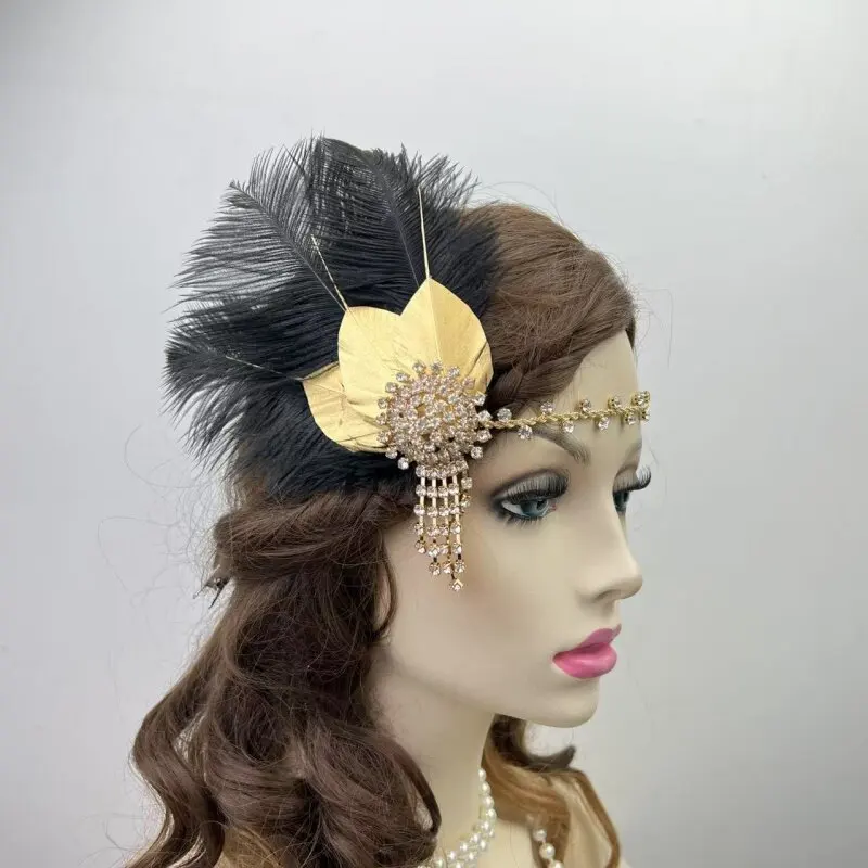

Gold Rhinestone HairBand 1920s Vintage Gatsby Party Charleston Women Feather Headband Headpiece Ladies Headdress Hair Ornaments