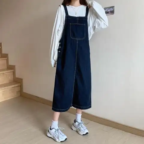 Vår Sommar Denimklänning Dam Lösa Spaghettibandsklänningar Mode Enfärgad Split Casual Ärmlös Jeansklänningar Flickor 8 best sales Koreansk klänning - №6