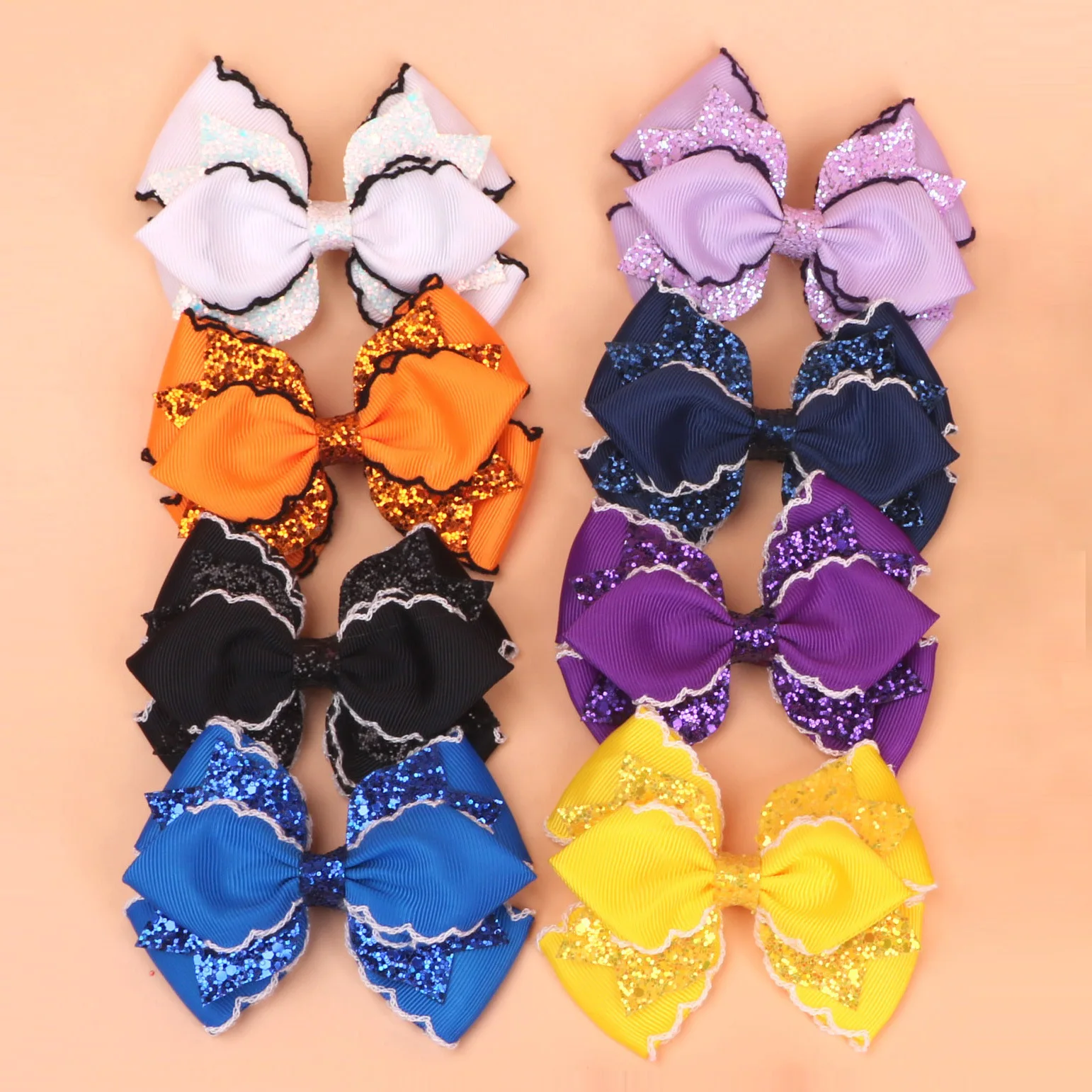 24pcs Baby Girls Hair Bows Hair Clips 4-Inch Frill Ribbon Solid Edge Locked Hairpins Glitter Barrettes Kids Headwear Bulk Pack