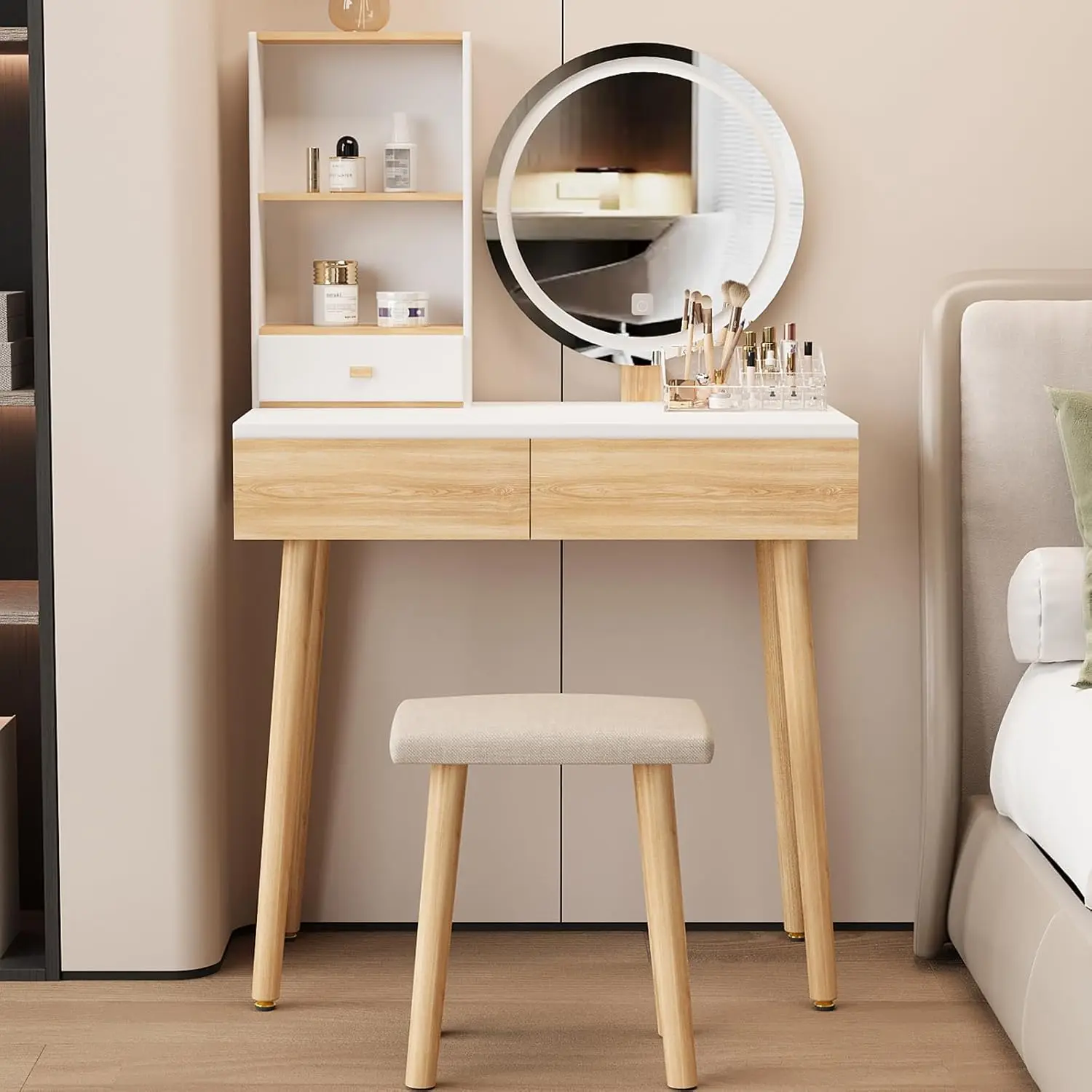 Makeup Vanity Desk with Lights,Small Vanity with Adjustable Brightness Mirror for Samll Spaces,Vanity Desk with Drawers.