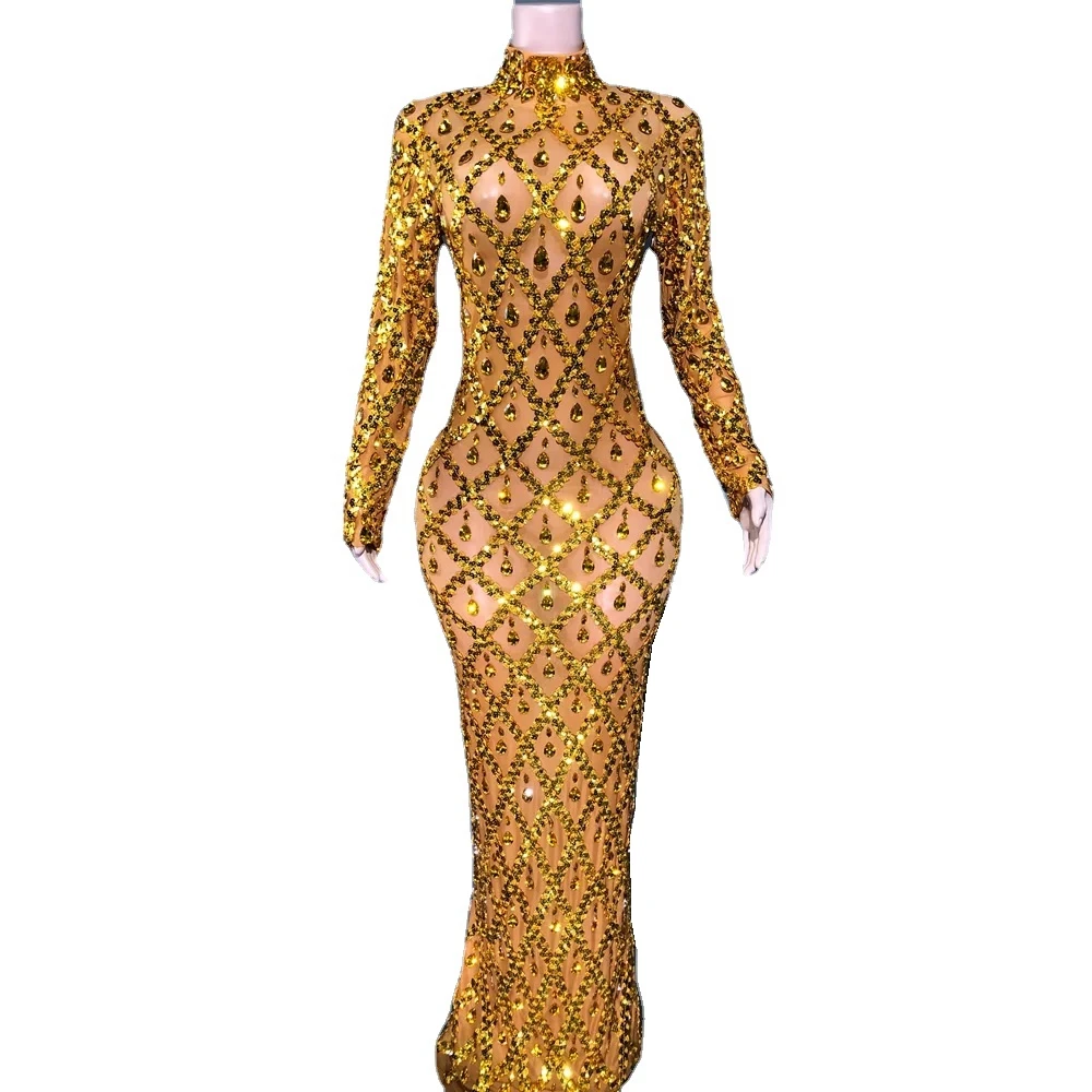 Sukienka damska wieczorowa na studniówkę, urodziny, seksowna, transparentna, kostium sceniczny, strój na występy, błyszcząca, z cekinami, dżetami, z długim rękawem.