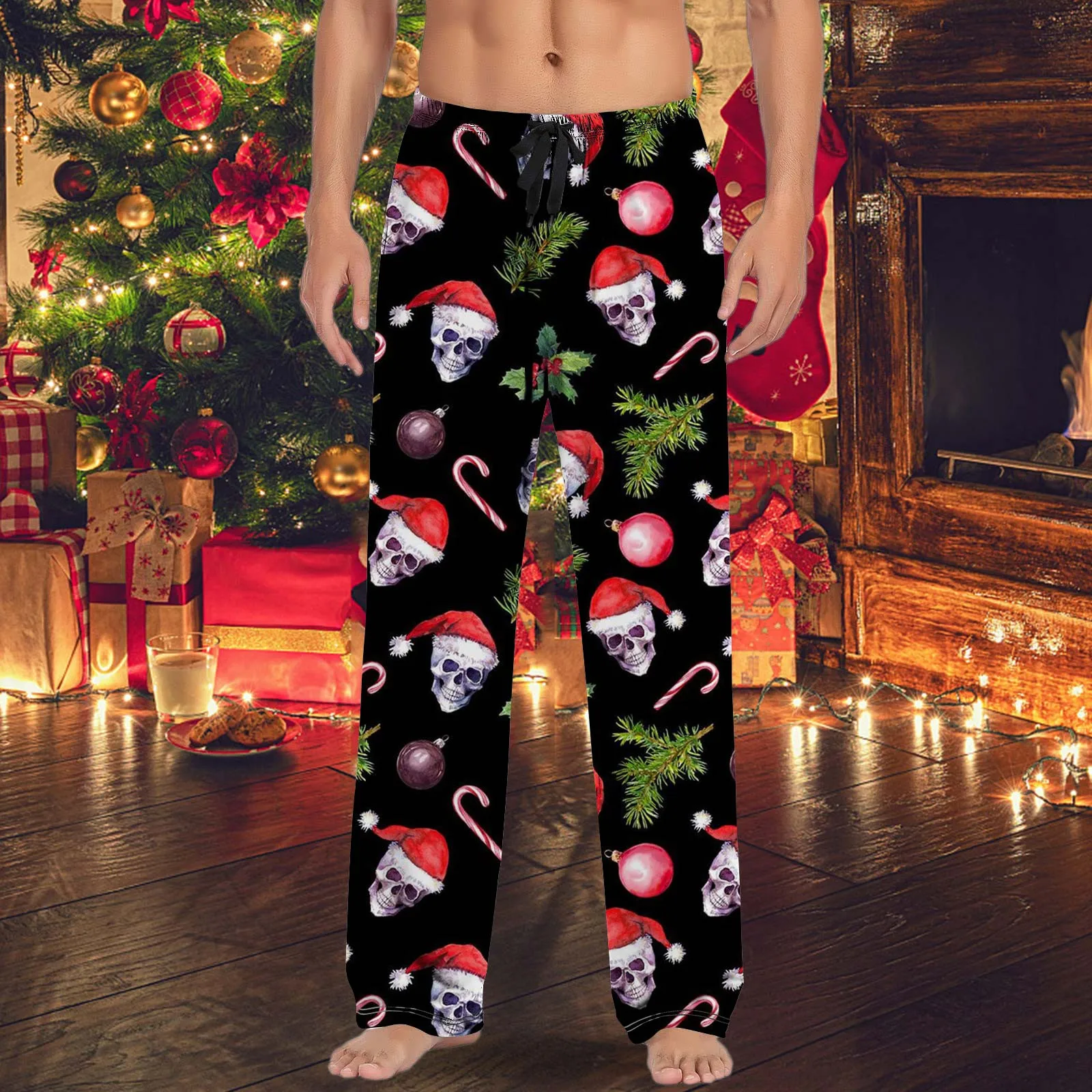 Mens Christmas Casual Pants Y2k Pajamas Drawstring Bottoms Pockets Trousers Funny Santa Claus Joggers Vacation Pantalones